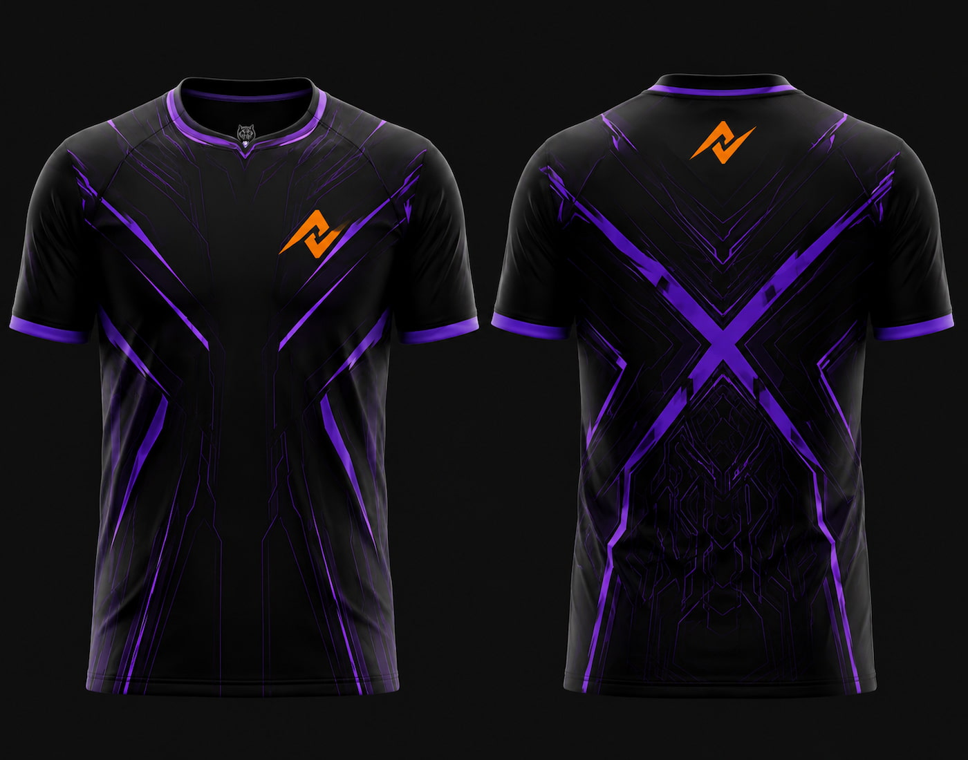 Front and back view of Shadow X Free Fire esports jersey featuring black and purple cyber graphics with a large X-pattern on the back, round neck collar, and orange logo placement on chest and upper back neck.