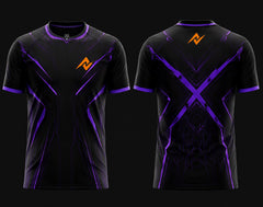 Front and back view of Shadow X Free Fire esports jersey featuring black and purple cyber graphics with a large X-pattern on the back, round neck collar, and orange logo placement on chest and upper back neck.