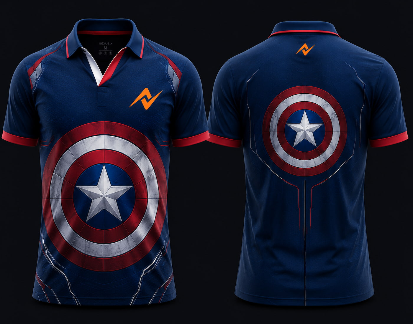 Front and back view of Shield Legacy navy blue V-neck esports polo jersey featuring shield-inspired graphics with side chest logo and back neck logo placement.
