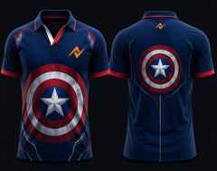 Front and back view of Shield Legacy navy blue V-neck esports polo jersey featuring shield-inspired graphics with side chest logo and back neck logo placement.