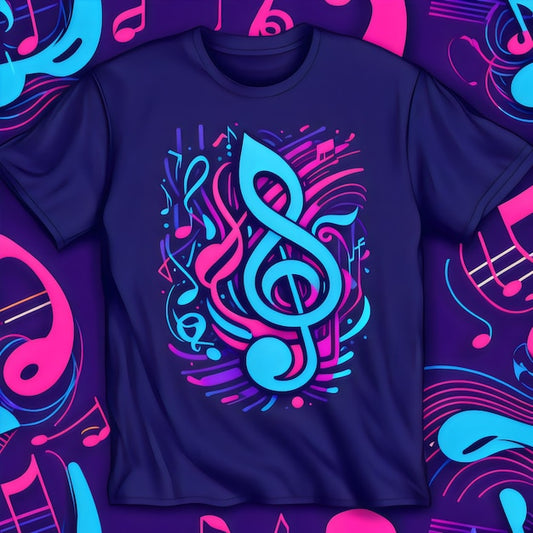 Next Print a musical note on it is hanging on a purple t shirt .