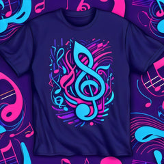 Next Print a musical note on it is hanging on a purple t shirt .