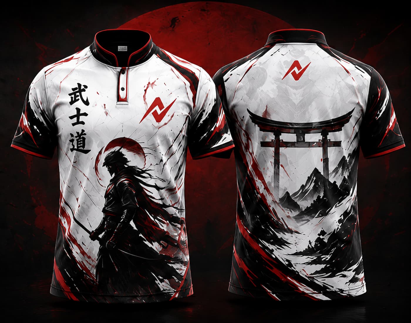 Front and back view of a white, black, and crimson esports jersey featuring a samurai warrior, Japanese calligraphy, torii gate artwork, Chinese collar, and premium sublimation print.
