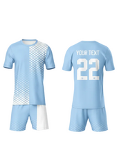 Sky blue custom sports jersey with matching shorts for cricket, football and team uniform printing front and back view design