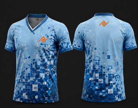 Front and back view of a sky blue V-neck cricket jersey featuring a digital pixel pattern with an orange logo on the left chest and below the back neckline.