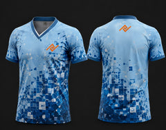 Front and back view of a sky blue V-neck cricket jersey featuring a digital pixel pattern with an orange logo on the left chest and below the back neckline.