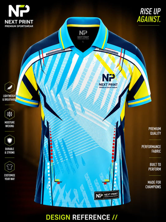 Sky blue and navy geometric cricket polo jersey with yellow accents and premium sublimation sportswear design.