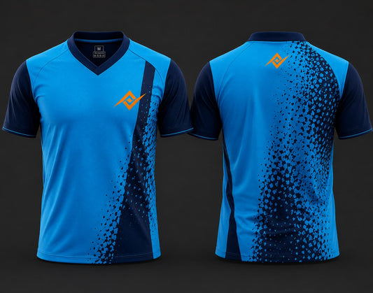 Front and back view of a sky blue and navy V-neck cricket jersey featuring geometric fade graphics with an orange logo on the chest and below the back neckline.