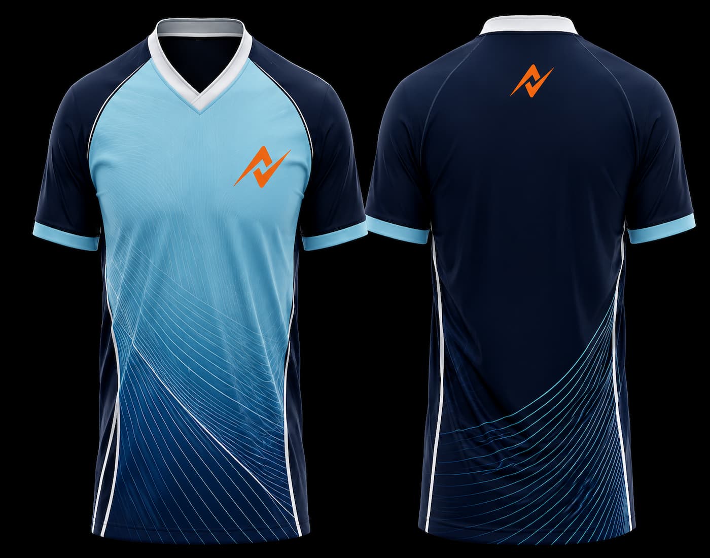 Front and back view of a sky blue and navy V-neck cricket jersey featuring elegant wave graphics with an orange chest logo and upper back logo.