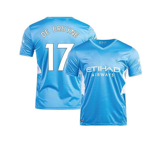 Front and back view of a sky blue V-neck football jersey with white side panels and customizable name and number, designed for soccer teams, training, and match wear.