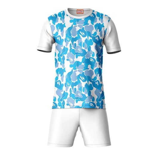 Sky blue white camouflage sports t-shirt with white shorts coord set front view for men