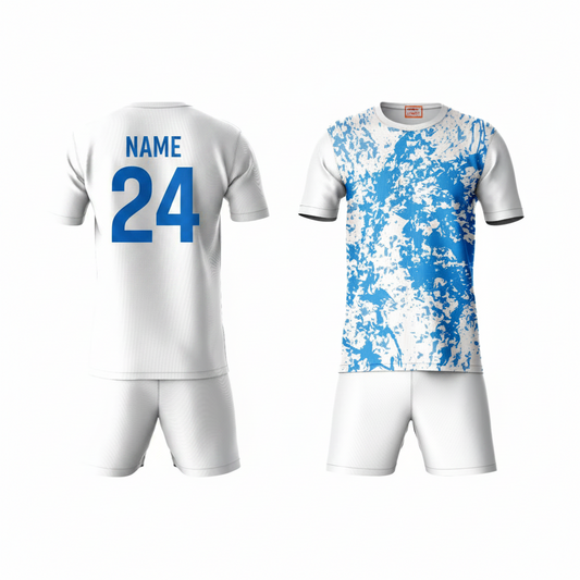 Sky blue white activewear t-shirt with white shorts back view