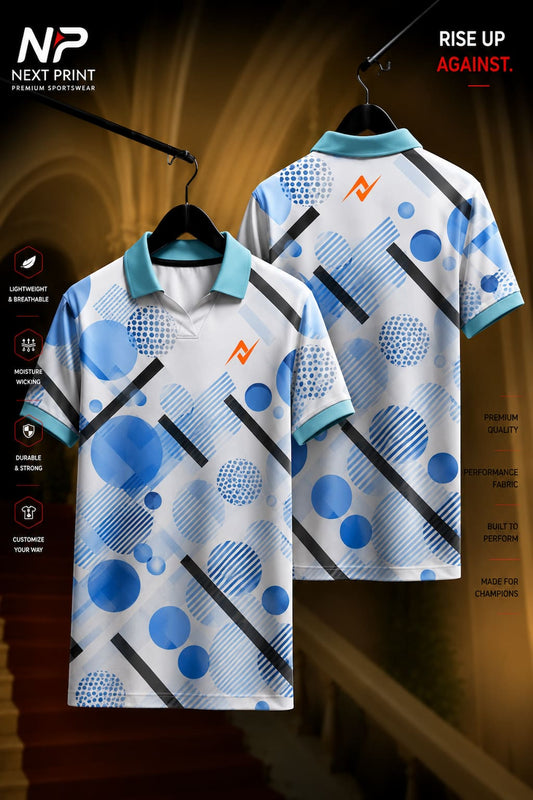 White polo sports jersey with blue circular geometric patterns and black diagonal accents shown in front and back views, made from premium dry-fit performance fabric.