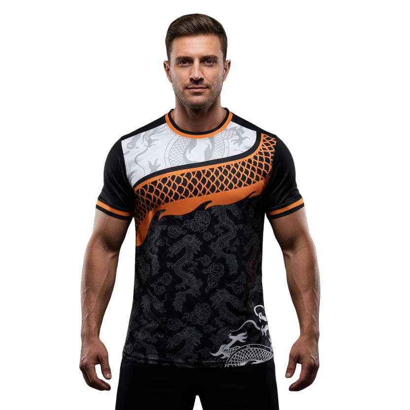 Next Print Soccer Jersey with Dragon Motif in Black Orange and White