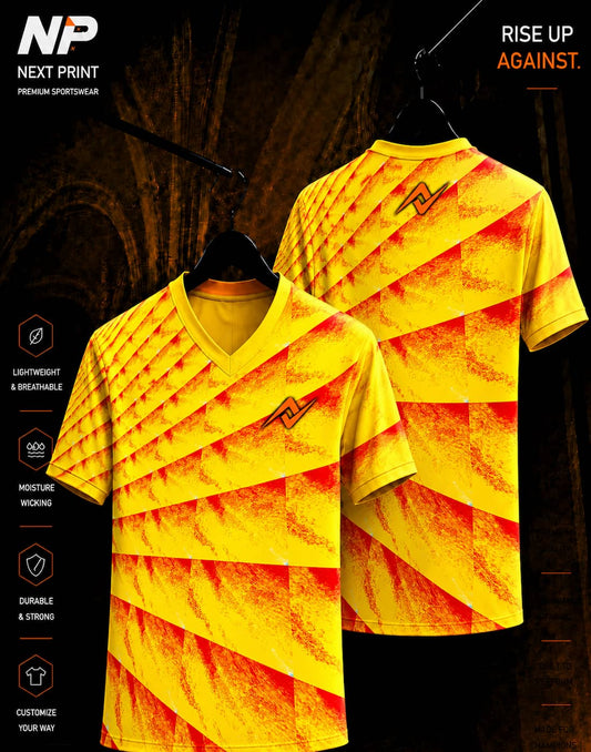 Solar Blaze yellow and red geometric sublimation V-neck sports jersey by Next Print with front and back view