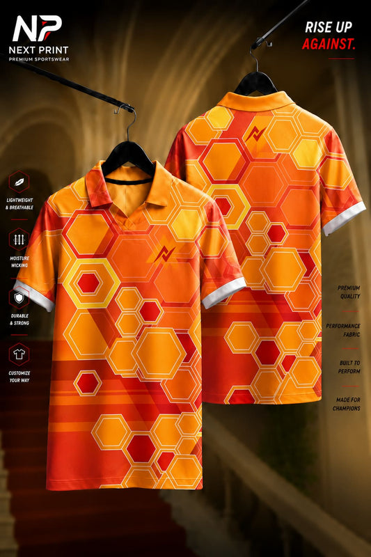 Orange and yellow honeycomb hexagon pattern polo sports jersey with front and back views made from premium dry-fit performance fabric.