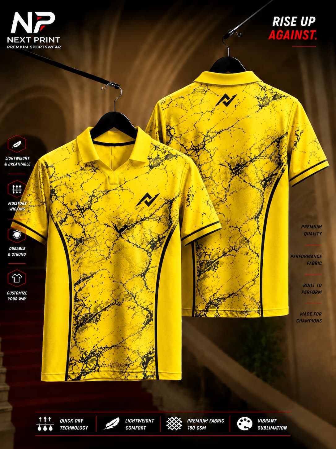 Solar Marble Yellow Polo Sports Jersey featuring black marble crack graphics on a vibrant yellow base with front and back views.