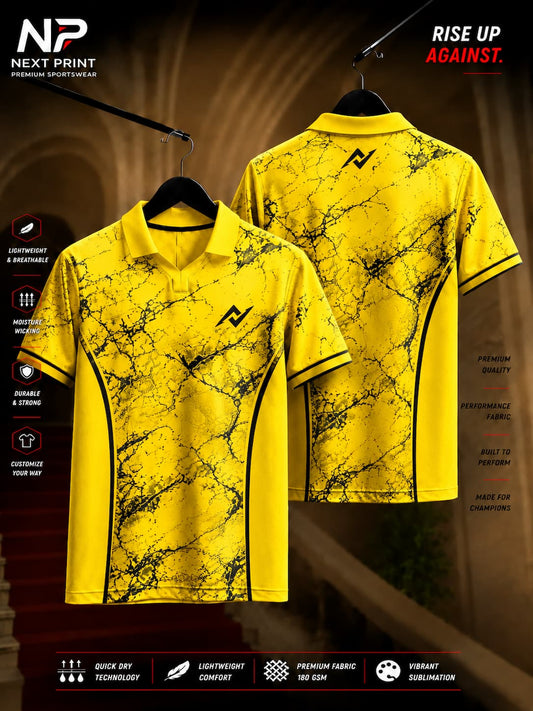 Solar Marble Yellow Polo Sports Jersey featuring black marble crack graphics on a vibrant yellow base with front and back views.