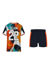 Colorful abstract custom sports jersey with matching navy shorts for cricket, football and volleyball team uniform sublimation printing
