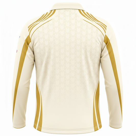 Back view of a cream-colored jacket with gold accents on a white background