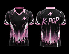 Front and back view of a black and pink V-neck polo K-pop jersey featuring concert stage lights, cheering crowd graphics, and premium sublimation printing.