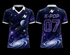 Front and back view of the Stardust K-Pop V-neck polo collar jersey featuring a galaxy, planets, and cosmic-themed design in navy blue, purple, and white.