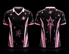 Front and back view of a black and pink V-neck polo K-pop jersey featuring sparkling star graphics, premium sublimation print, and a modern performance design.