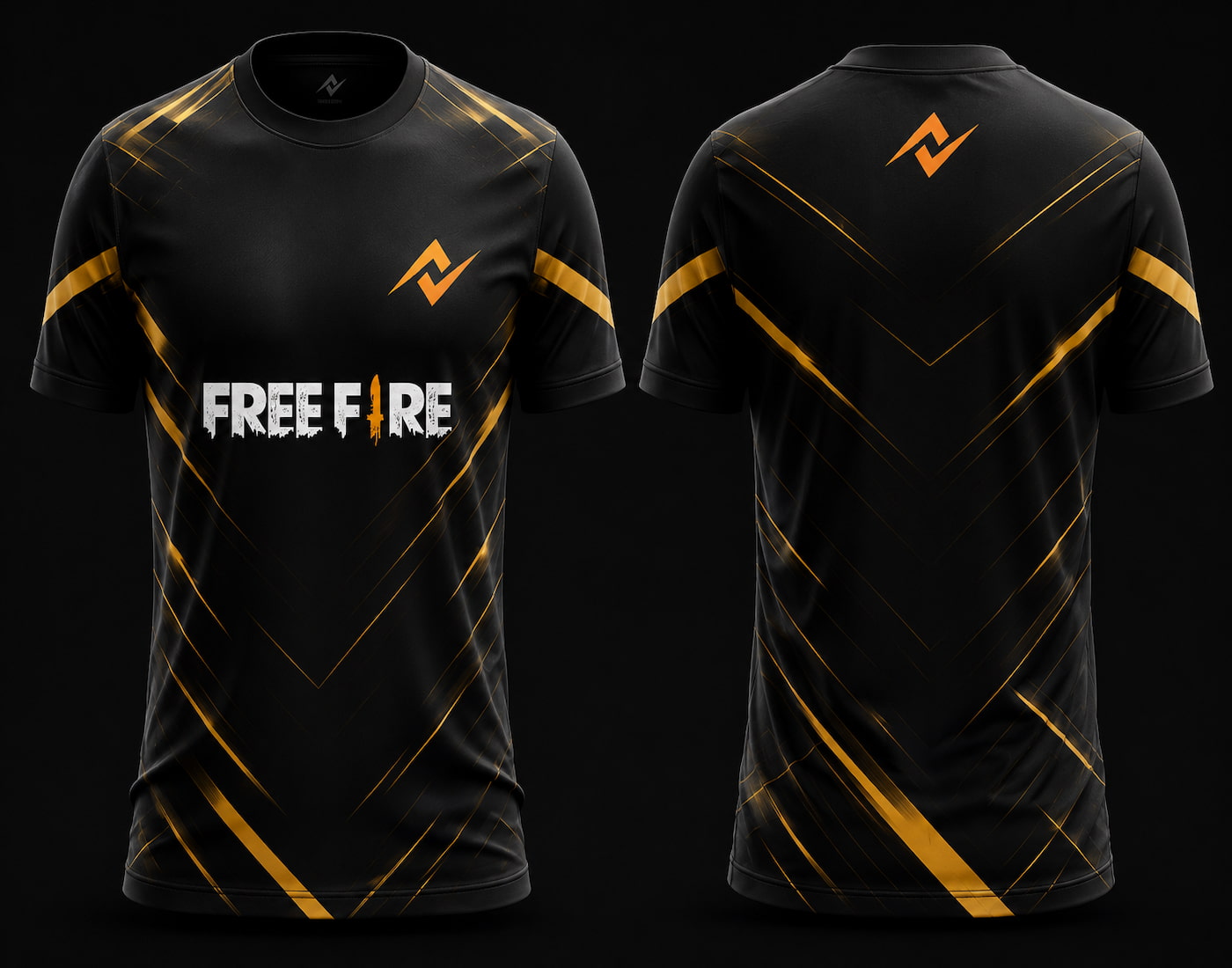 Front and back view of Stealth Gold Free Fire esports jersey featuring black fabric with sleek gold geometric gaming patterns.