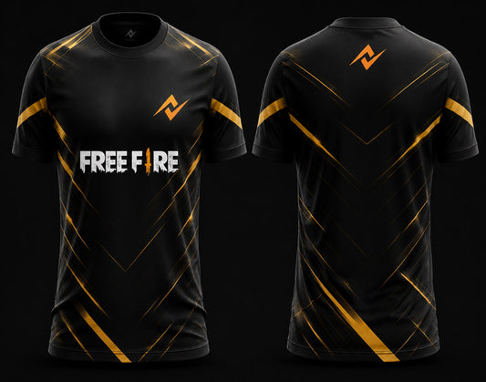 Front and back view of Stealth Gold Free Fire esports jersey featuring black fabric with sleek gold geometric gaming patterns.