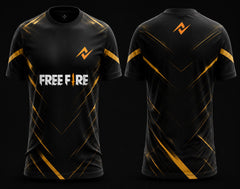 Front and back view of Stealth Gold Free Fire esports jersey featuring black fabric with sleek gold geometric gaming patterns.