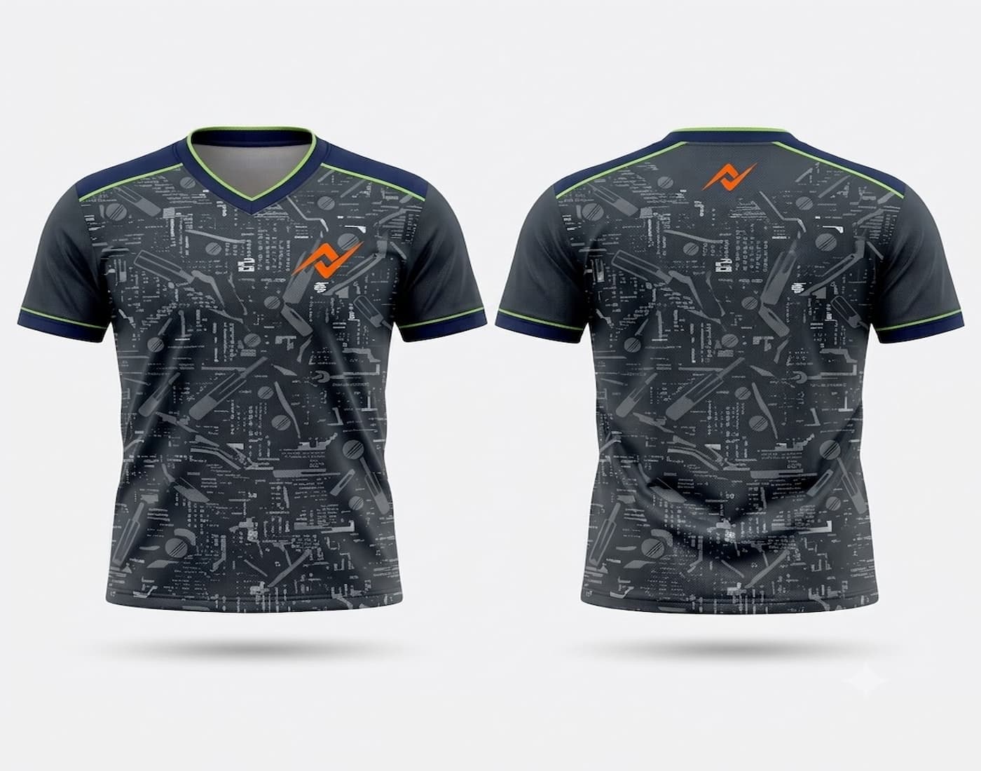 Front and back view of a graphite grey V-neck cricket jersey featuring a circuit board-inspired pattern, lime green trim, and orange chest and back logos.