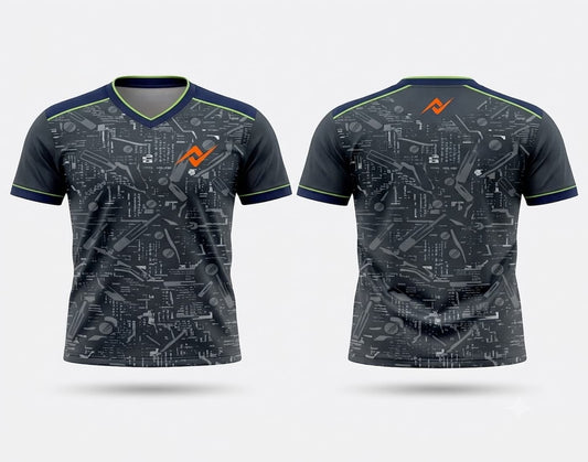 Front and back view of a graphite grey V-neck cricket jersey featuring a circuit board-inspired pattern, lime green trim, and orange chest and back logos.
