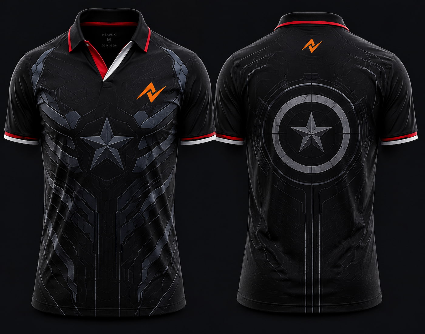 Front and back view of Stealth Sentinel black V-neck esports polo jersey featuring tactical armor graphics with side chest logo and back neck logo placement.