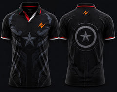 Front and back view of Stealth Sentinel black V-neck esports polo jersey featuring tactical armor graphics with side chest logo and back neck logo placement.