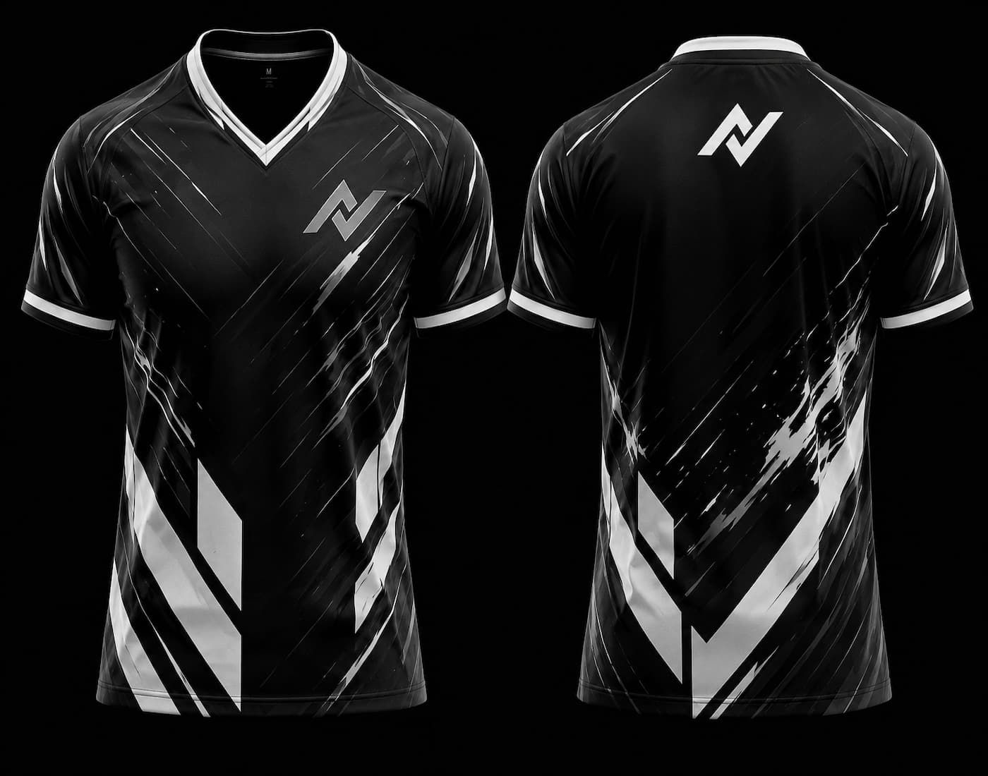 Front and back mockup of a black and white V-neck esports jersey featuring sharp geometric graphics with a chest logo and back neck logo.