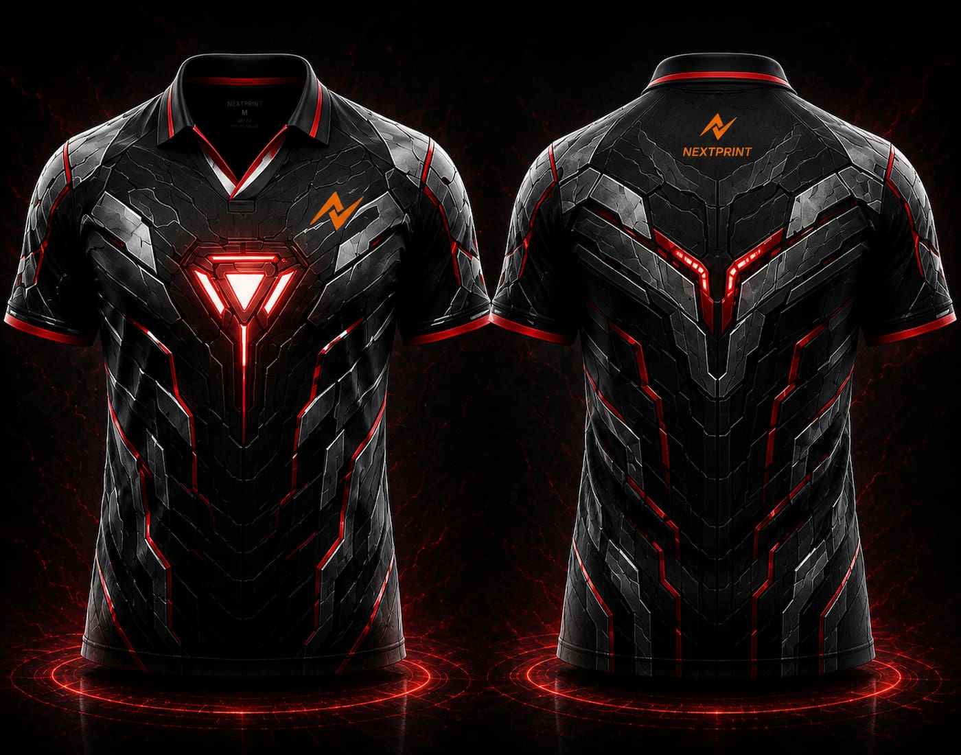 Front and back view of Steel Sentinel black and crimson red V-neck esports polo jersey featuring futuristic armor graphics, glowing reactor core artwork, side chest logo, and back neck logo placement.
