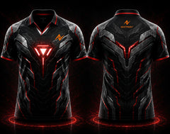 Front and back view of Steel Sentinel black and crimson red V-neck esports polo jersey featuring futuristic armor graphics, glowing reactor core artwork, side chest logo, and back neck logo placement.