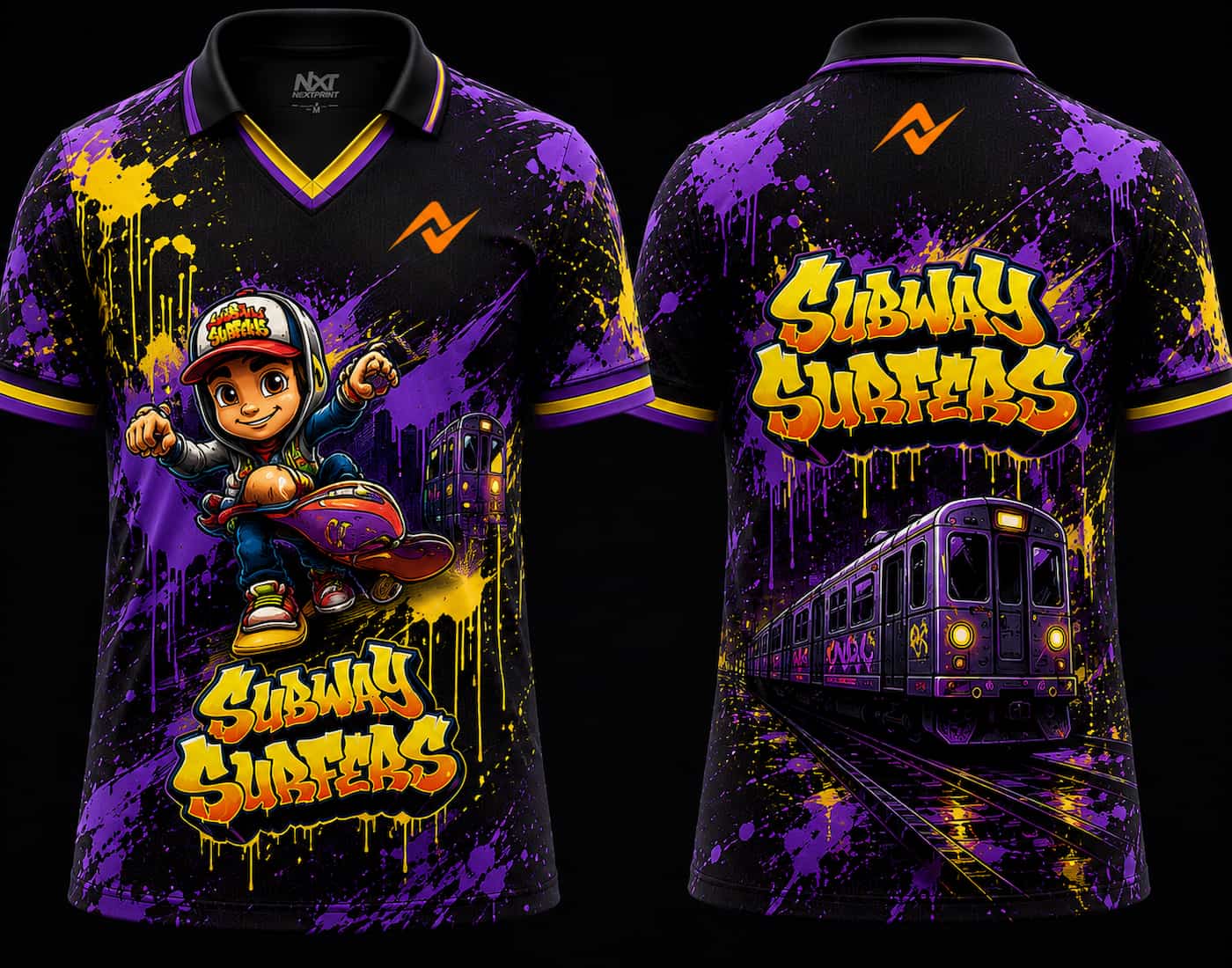 Front and back view of Subway Surfers Neon Rebel purple V-neck polo esports jersey featuring graffiti artwork, subway train graphics, and orange logo placement on chest and back neck
