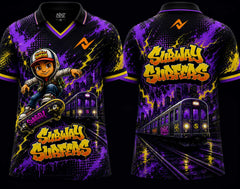 Front and back view of Subway Surfers Night Sprint purple lightning V-neck polo esports jersey featuring graffiti artwork, city skyline, subway train graphics, and orange logo placement on chest and back neck