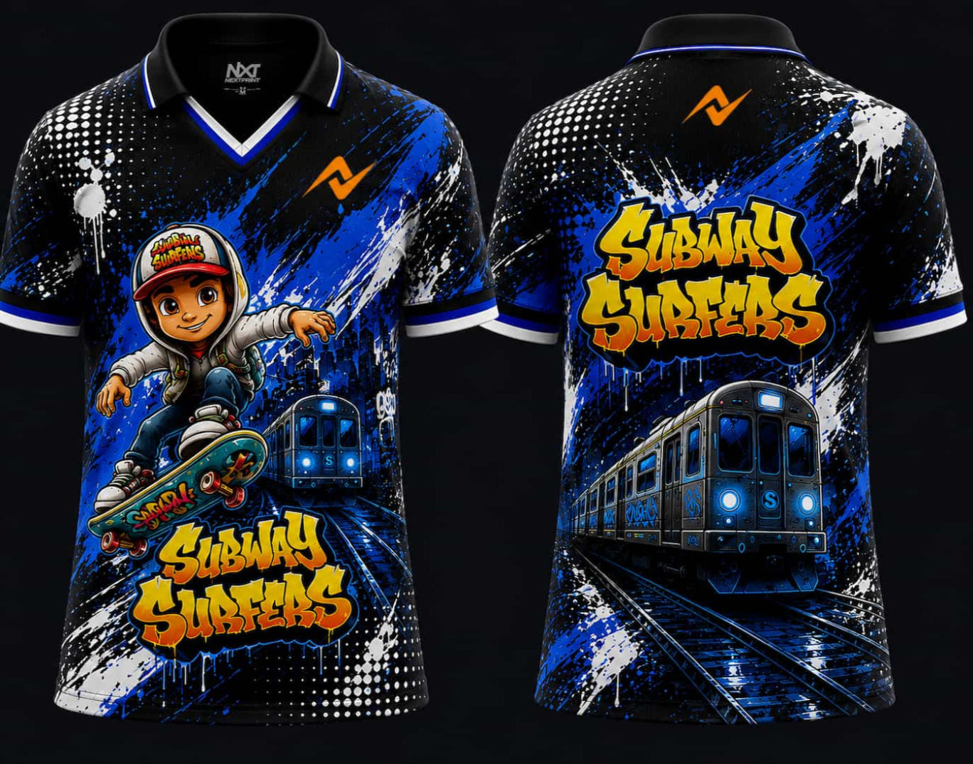Front and back view of Subway Surfers Street Storm electric blue V-neck polo esports jersey featuring graffiti artwork, subway train graphics, and orange logo placement on chest and back neck
