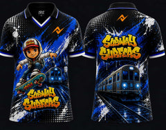 Front and back view of Subway Surfers Street Storm electric blue V-neck polo esports jersey featuring graffiti artwork, subway train graphics, and orange logo placement on chest and back neck