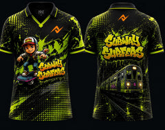 Front and back view of Subway Surfers Toxic Rush neon green V-neck polo esports jersey featuring graffiti artwork, subway train graphics, and orange logo placement on chest and back neck