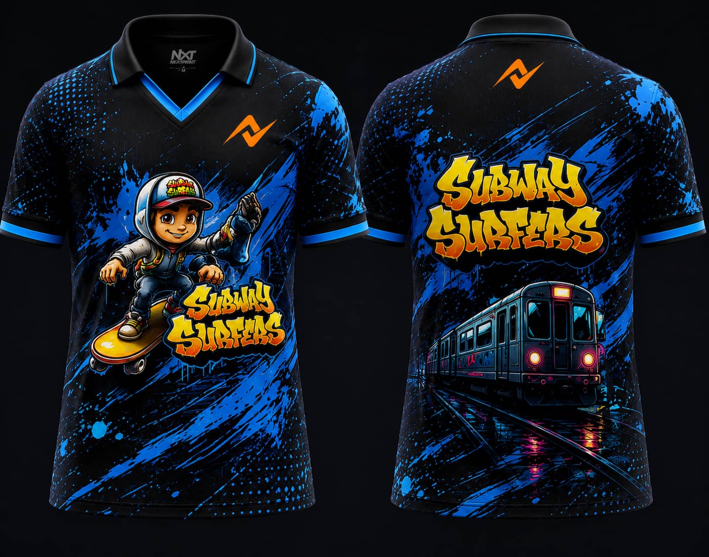 Front and back view of Subway Surfers Urban Dash electric blue V-neck polo esports jersey featuring graffiti artwork, subway train graphics, and orange logo placement on chest and back neck