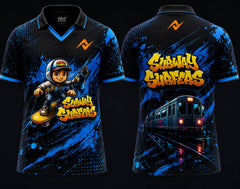 Front and back view of Subway Surfers Urban Dash electric blue V-neck polo esports jersey featuring graffiti artwork, subway train graphics, and orange logo placement on chest and back neck