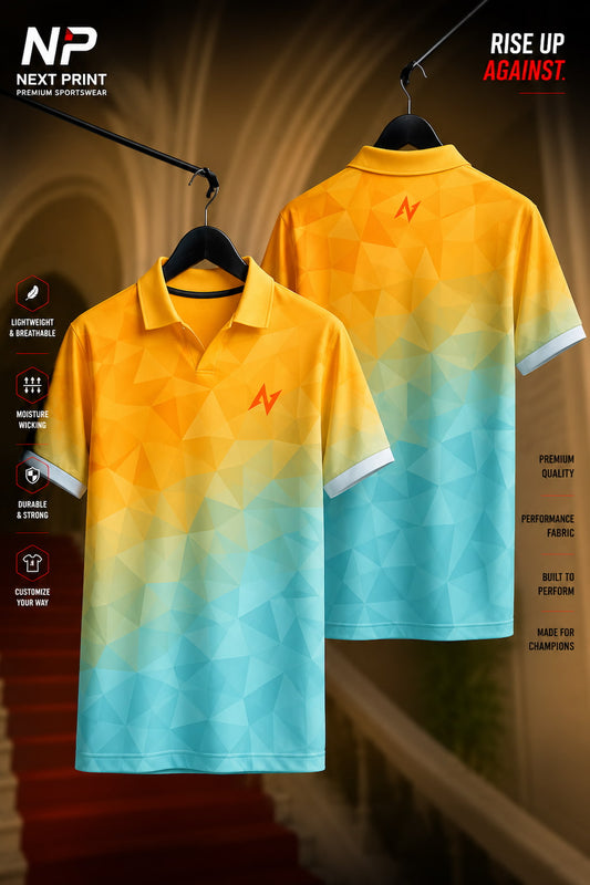 Yellow and aqua gradient polo sports jersey with geometric polygon pattern, front and back view, premium dry-fit performance sportswear.