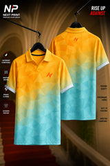 Yellow and aqua gradient polo sports jersey with geometric polygon pattern, front and back view, premium dry-fit performance sportswear.