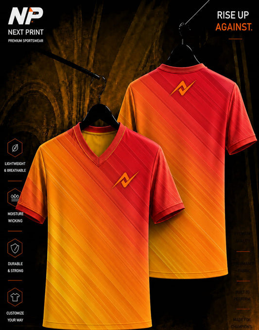 Premium sunburst gradient V-neck sublimation sports jersey featuring diagonal stripe pattern in yellow, orange, and red for custom team uniforms.