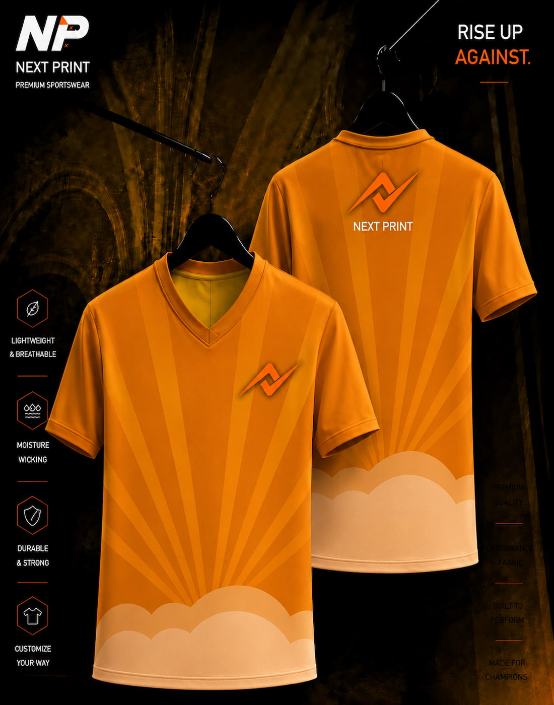 Orange Sunburst Horizon V-neck sublimation sports jersey with sunrise rays and cloud-inspired abstract design by NextPrint.