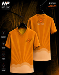 Orange Sunburst Horizon V-neck sublimation sports jersey with sunrise rays and cloud-inspired abstract design by NextPrint.
