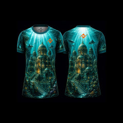 Front and back view of the Sunken Royal Palace Sublimation Round Neck Sports Jersey featuring underwater palace architecture, sharks, ocean rays, and premium aqua marine artwork by Next Print.